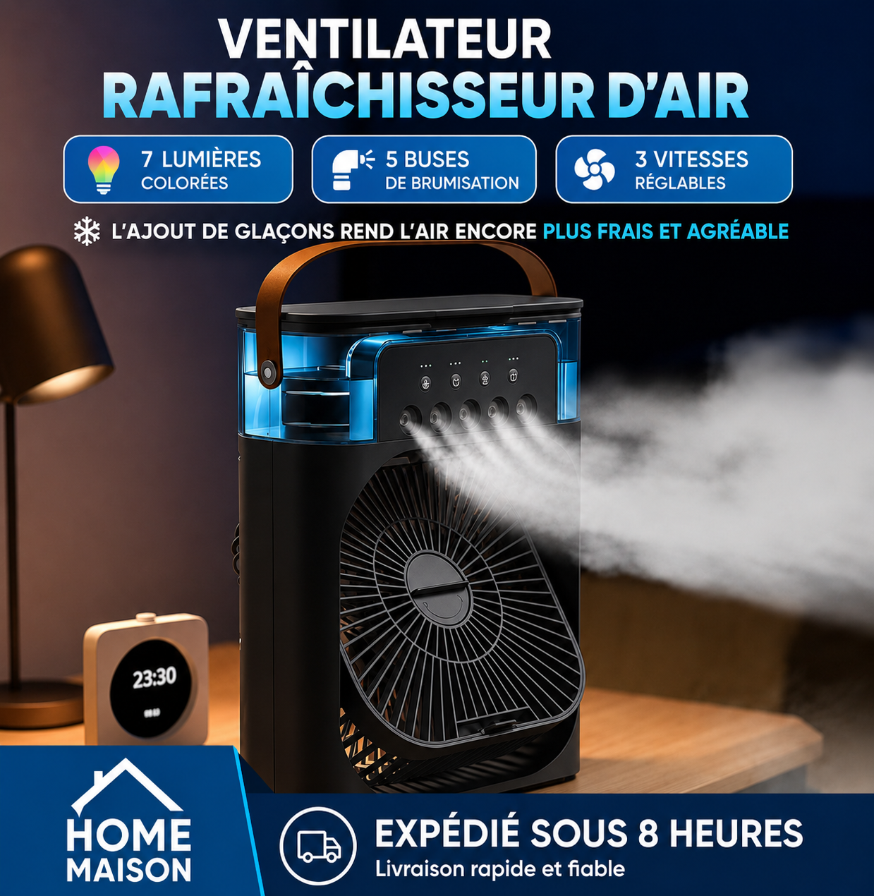 Ventilateur rafraîchissant 3-en-1 avec brumisation